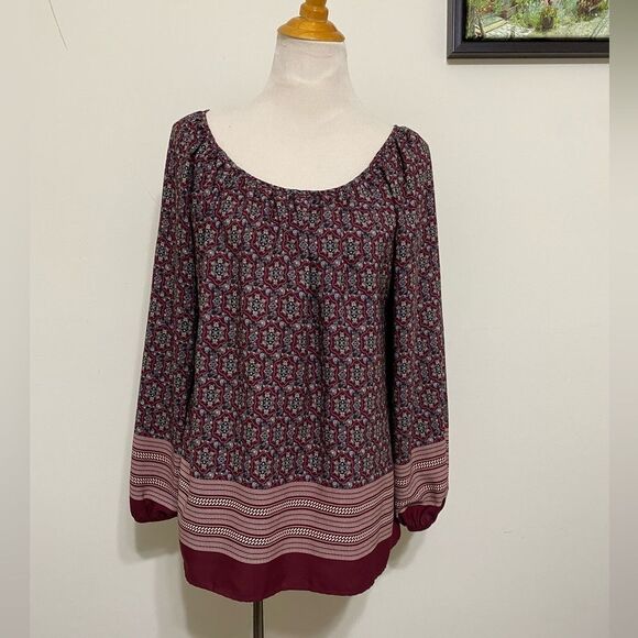 Bobeau Relaxed Top Blouse Tile Print Medallion Boat Neck Top Burgundy Size S - Picture 5 of 13